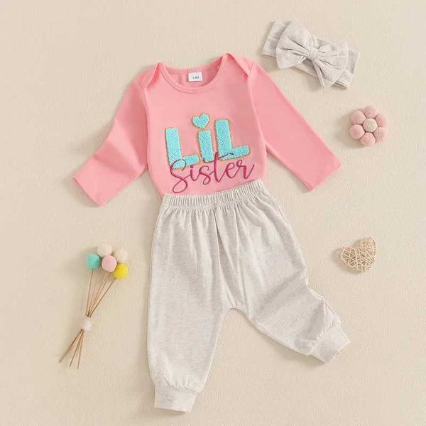 0 to 6 Months Baby Girl 3 Piece Pant Sets Spring Autumn Clothes Letter Embroidery Long Sleeves Bodysuit and Pant HeadbandT250111