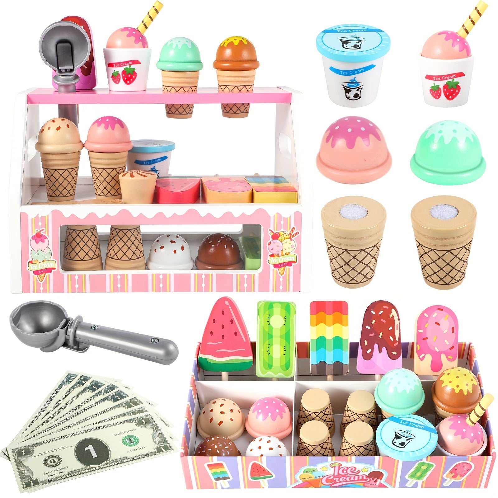 TEMU Ice Cream Toy For Kids, Wooden Ice Cream Cart, Pretend Play Kitchen Food Toys, Cream Counter Shop Playset, Kids Wooden Kitchen Play Food,