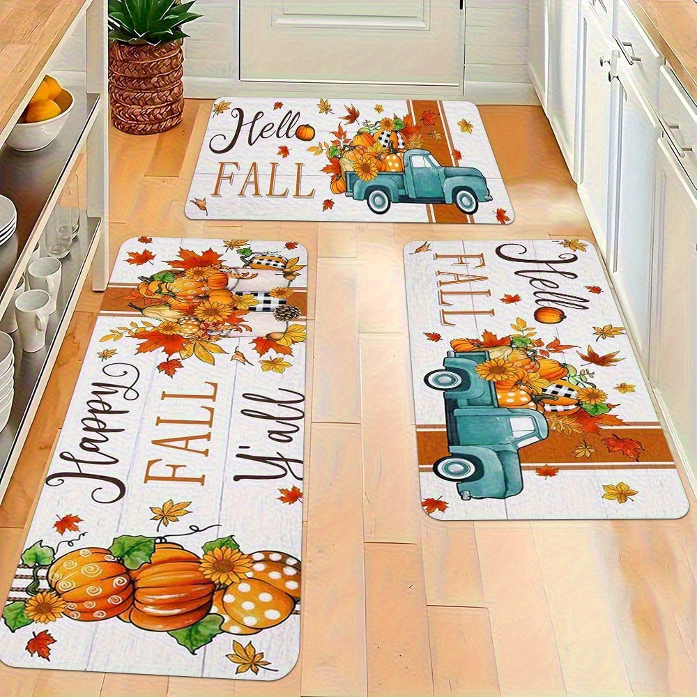 TEMU Flannel Floor Mat Set 2-3pcs Autumn Kitchen Mat- Pumpkin Pattern, Felt, Holiday Decoration- For Living Room, Dining Room, Bathroom Area Rug Sets