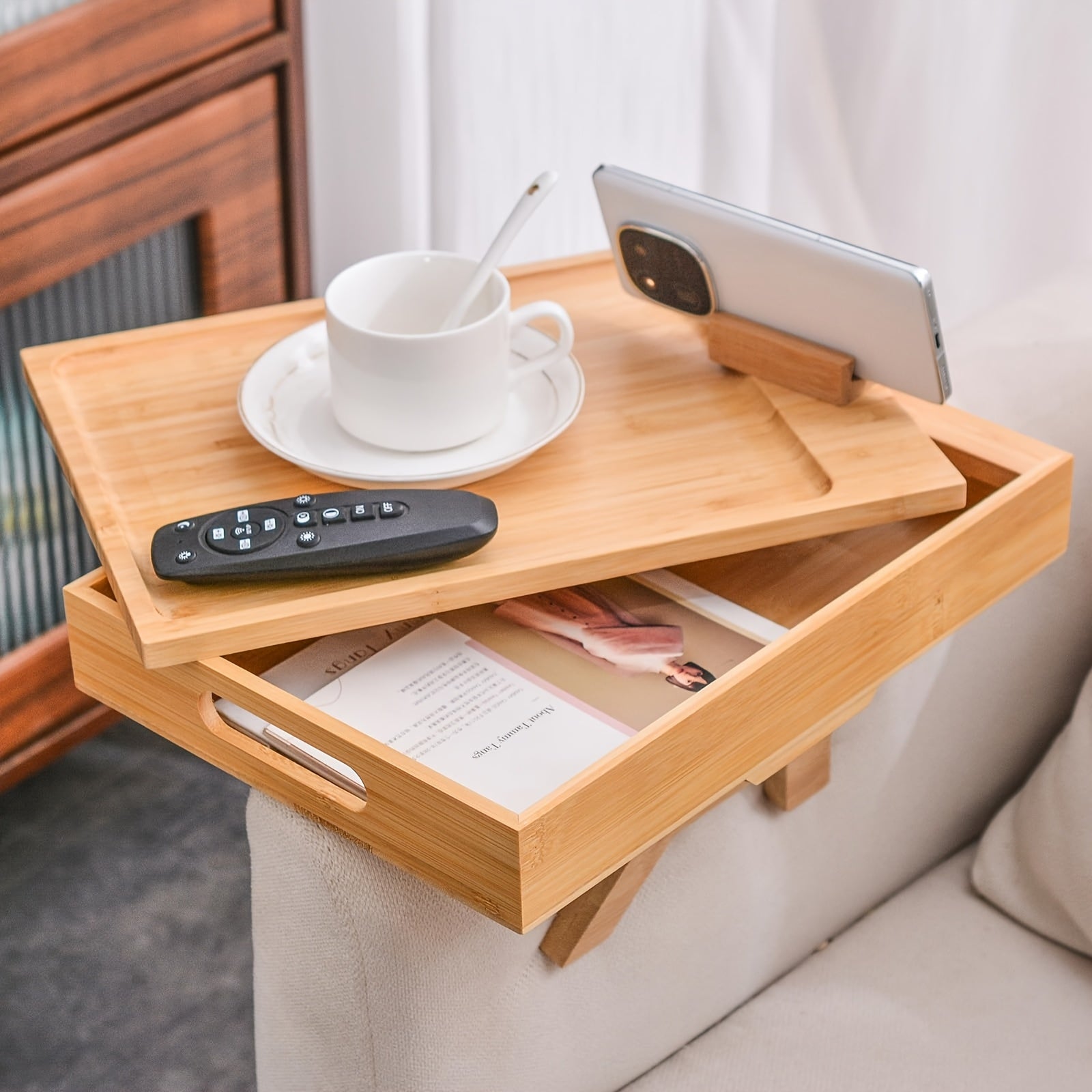 TEMU Sofa Armrest Tray Table With Storage Box - 360° Rotating Swivel & Adjustable Height, Foldable Armchair Desk With Phone Holder, Wood For Bedside,