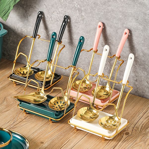 Cooking Utensils Gold Stainless Steel 304 Korean Pot Soup Slotted Long Handle Large Household Kitchen Countertop Spoon Rest with Lid Holder