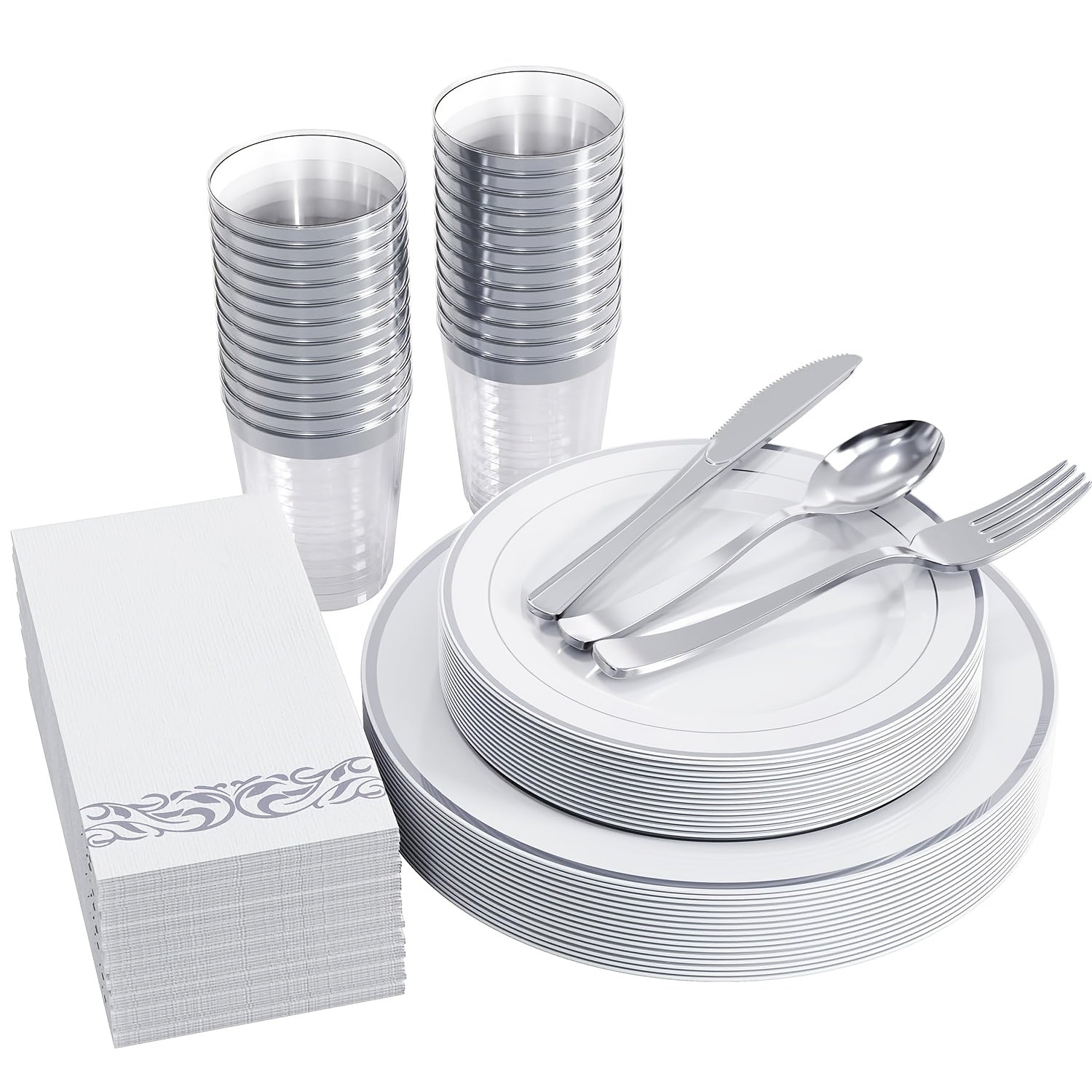 TEMU 400-1200pcs Silverware Set For 50-150 Guests, Disposable Plastic Plates Including: 150 Dinner Plates, 150 Dessert Plates, 150 Napkins, 150 Cups,