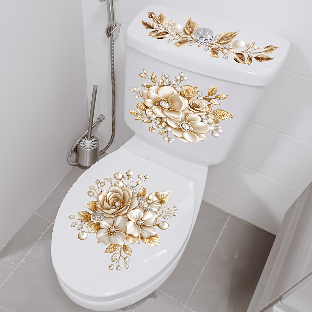 TEMU 3 Types Of And Leaf Pattern Toilet Stickers, Toilet Decals For A Bathroom Space, Bathroom Upgrade, Floral Pattern, Decorative Decals, Pvc