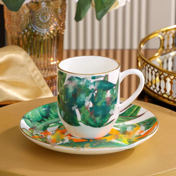 Classics Designer Cup and Saucer Set Bone China Couple Coffee Cup with Saucer Plants Pattern Afternoon Tea Cups Birthday Housewarming Weddin