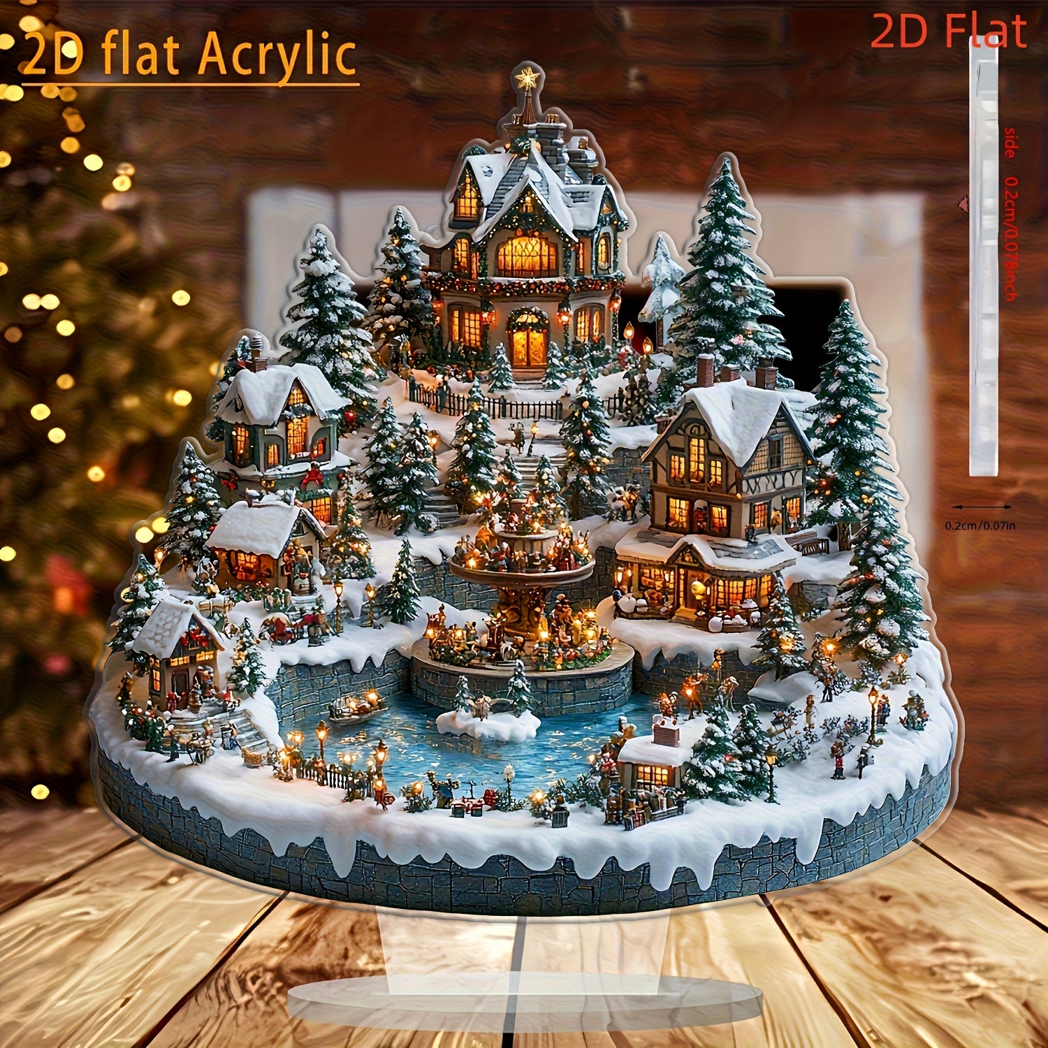 TEMU 2d Flat Printing Bohemian Style Acrylic Christmas Village Tabletop Decor - Snowy Cottage Scene With Lights, Trees, And Figures - Ideal For Home,