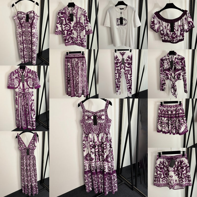 Designer Womens Purple Dresses Summer Cropped Shirt Top Luxury Printed Slim Fit Tank Dress Birthday Dinner Party Ladies Pleated Skirts