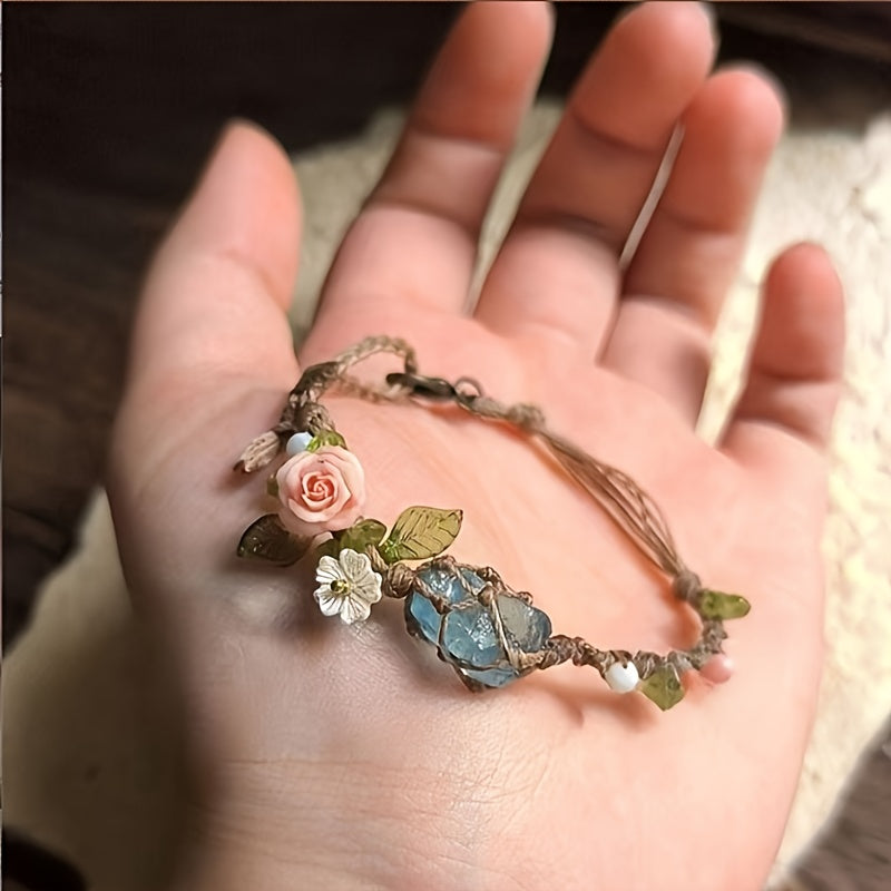 TEMU Bohemian Turquoise-like Stone Bracelet - Beads & -white Floral Charm, April Birthstone For, Casual Attire, Mardi Gras-carnival Gift, Chinese New