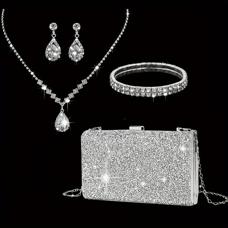 TEMU 4pcs Luxury Evening Bags, Sparkling Wedding Party Prom Banquet Clutch Bags, Of Sparkling Earrings, 1 Necklace, 1 Bracelet For Women, Birthday