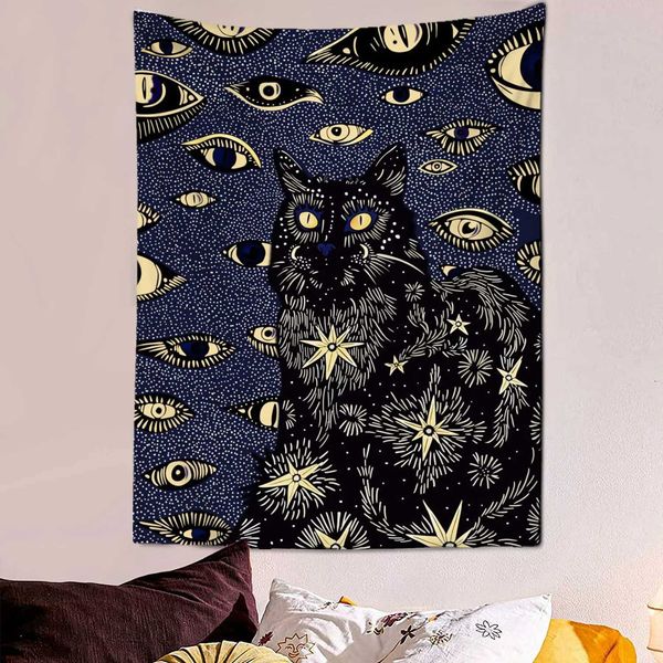 Black eyed punk cat flower tapestry wall decoration art blanket curtains hanging in the bedroom living room decoration of the home W240809