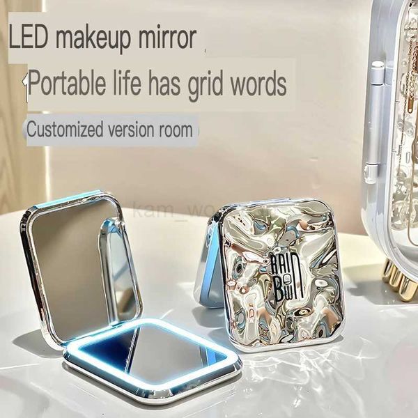 LED mini makeup mirror with light folding mirror tabletop handheld mirror female portable travelM240722