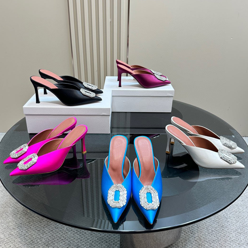 Summer New Silk Sandals Round Buckle Crystal Embellishment Fashion High Heel Sandals Luxury Designer Rhinestone Sandals Classic Evening Dress Shoes