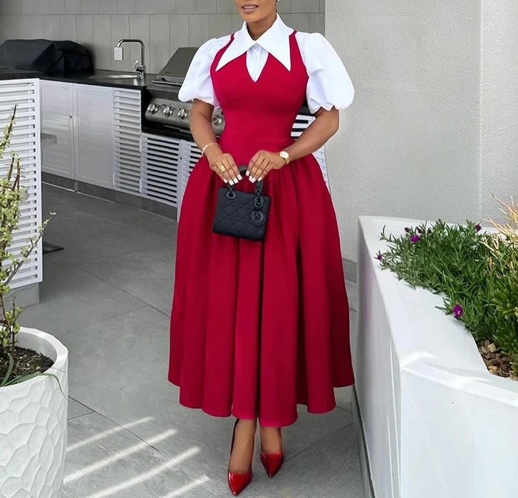 Fake Two Pieces Womens Dresses 2024 Summer Elegant temperament Bubble Sleeve Strap Dresses High Waist Ruffle A-line Shirt Dress