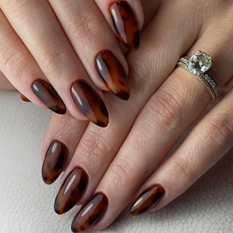TEMU 24pcs Reusable Almond-shaped Press-on Nails - Medium Length, Glossy Tortoiseshell Brown With Marble Pattern, Perfect For Fall Nail Art