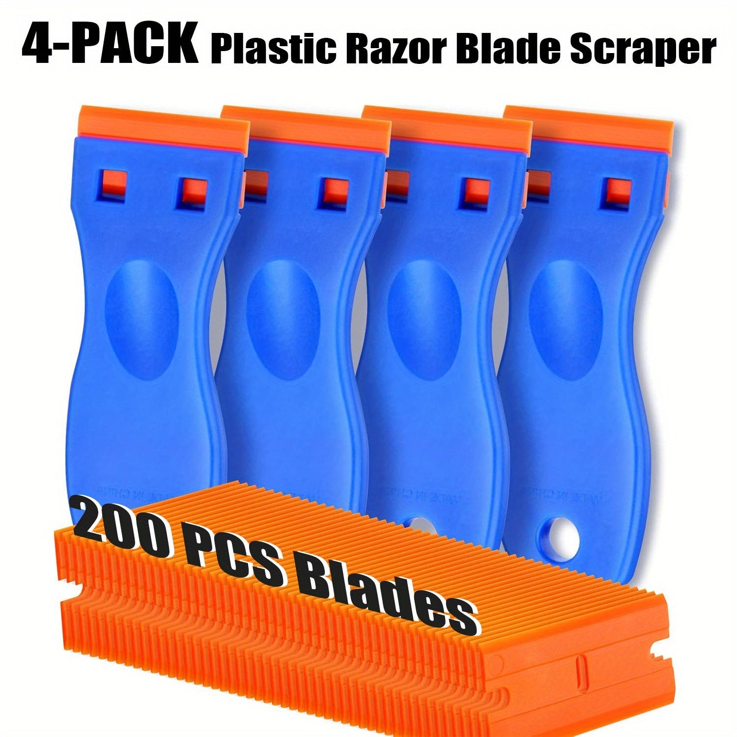 TEMU 4pcs Plastic Scraper And 200pcs Replaceable Blades, Remove Label Decal Tool, Multi- Plastic-silicone Ergonomic Handle For Car Glass, Kitchen,