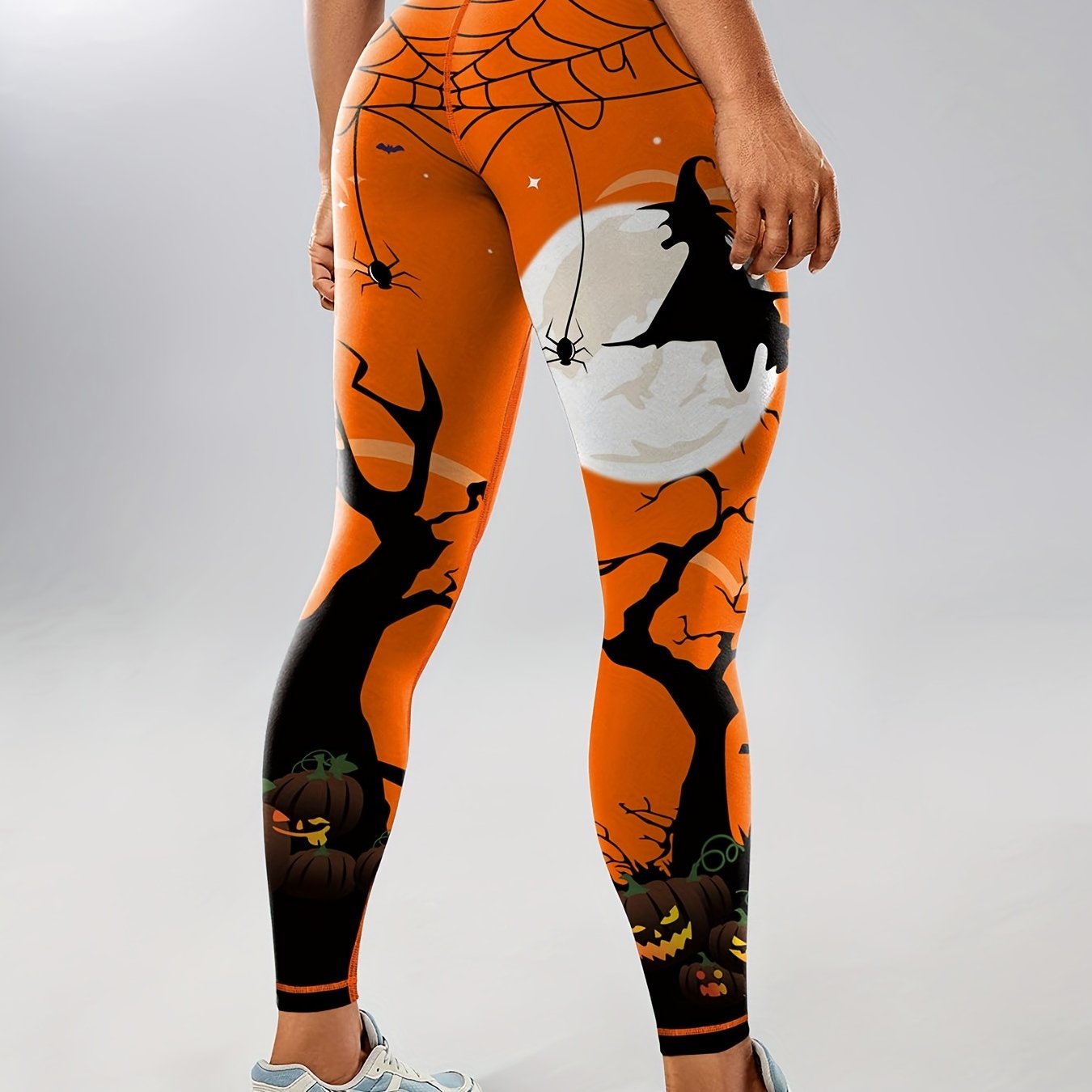 TEMU Halloween Bat & Pumpkin & Yoga Leggings, Tummy Control Slimming Sporty Fitness Workout Gym Pants, Women's Activewear