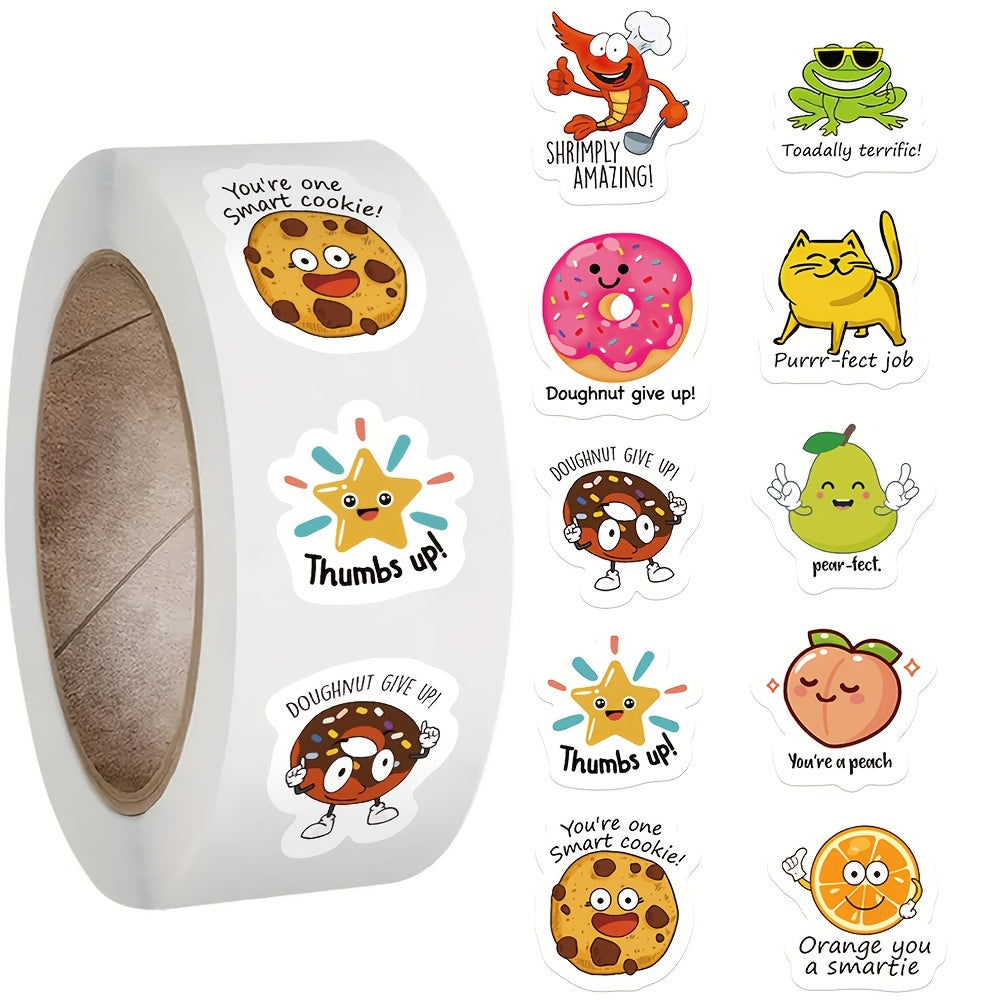 TEMU 500pcs-roll Fun Animal Reward Stickers - Colorful Food- With Motivational Phrases For Stationery, Laptops, Notebooks, Gift Sealing & Decoration,
