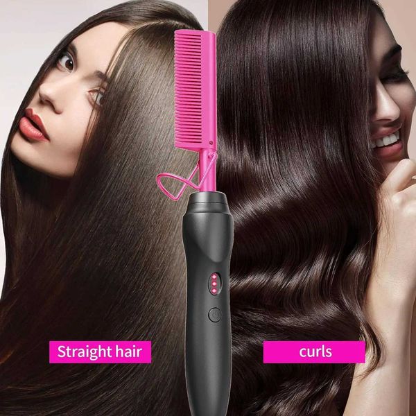 Pink Hot Comb Hair Straightener Ceramic Electric Pressing Comb Portable Curling And Straightening Anti-Scald Beard StraightenerXJ241211