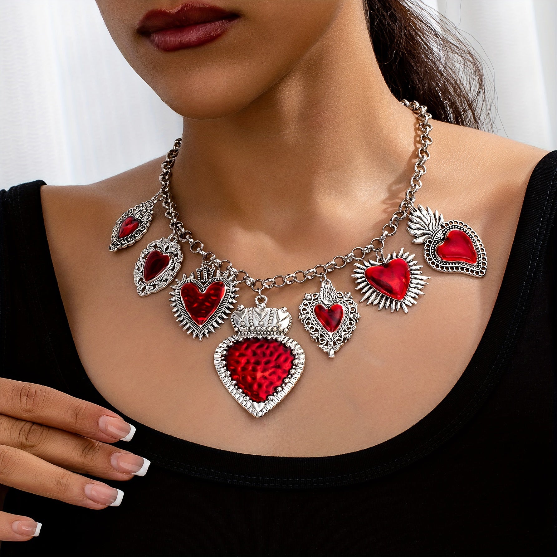 TEMU Ladies' Fashion Pendant Necklace - Multi-pendant Heart Elegant Gothic Style, Perfect For Casual Attire And Valentine's Day Gifts