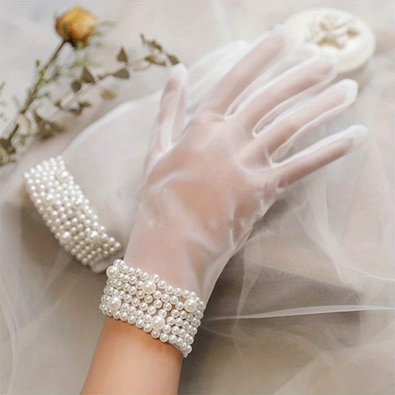 TEMU Faux Pearl Decor White Gloves Elegant Transparent Short Gloves Wedding Bridal Gloves For Women Tea Party Prom Accessories