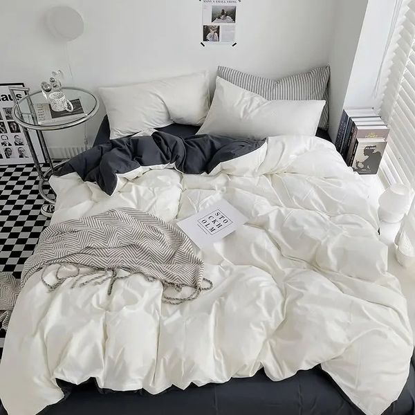 Bedding Set Queen King Size Home Textile Solid Color Duvet Cover 1Pillow Case Bed Sheet Bedroom AB Side Quilt e 240624