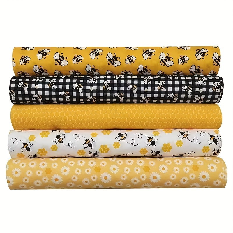 TEMU 5pcs, Small Bee And Daisy Print Fabric, Pre-cut Squares With Honeycomb And Floral Patterns - Perfect For Sewing And Diy Crafts, Bags, Dolls,