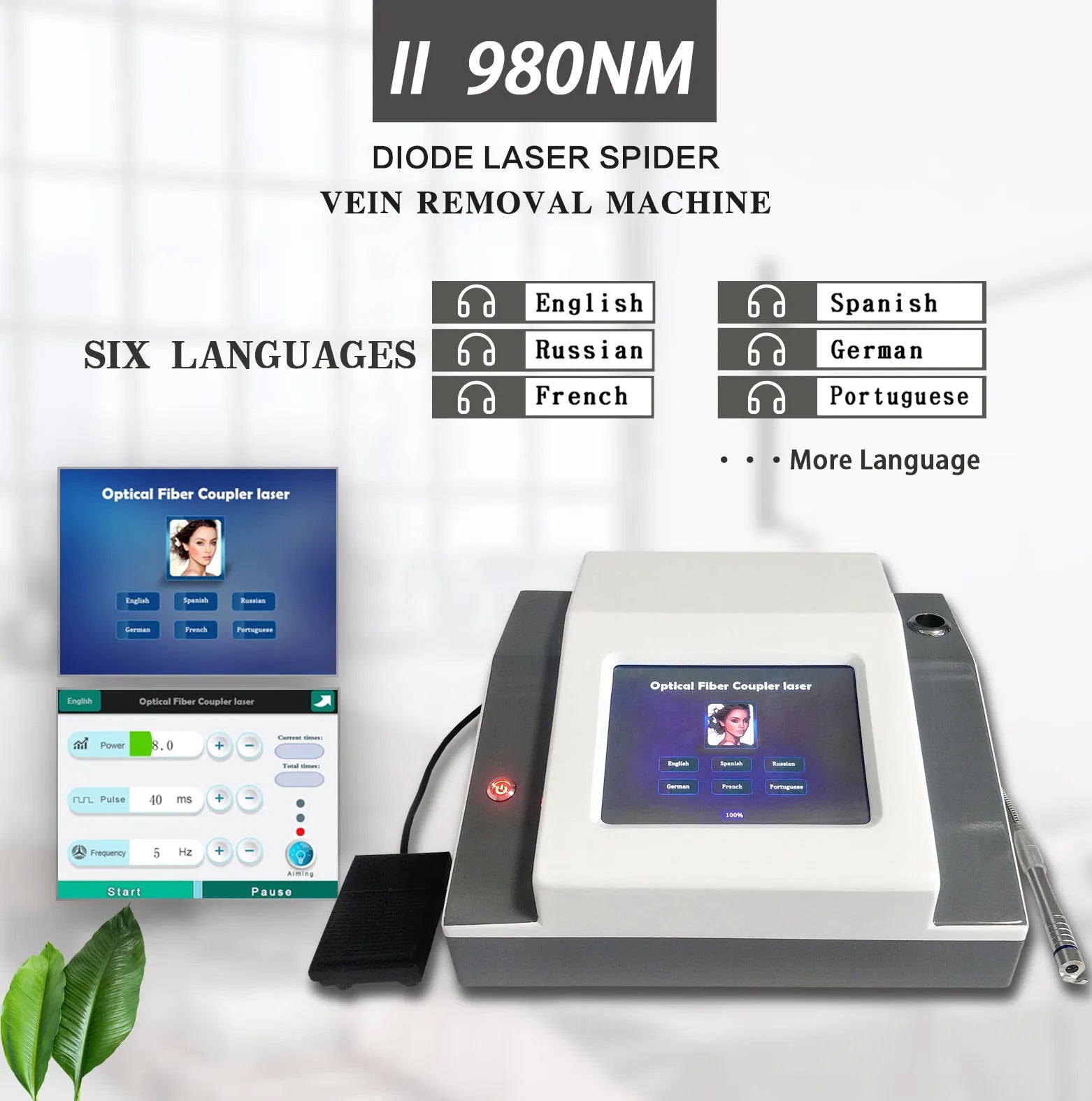 980nm Wavelength Diode Laser Vascular therapy Spider Vein Removal Varicose Treatment Portable Non-invasive Optical Fiber Laser Beauty Device