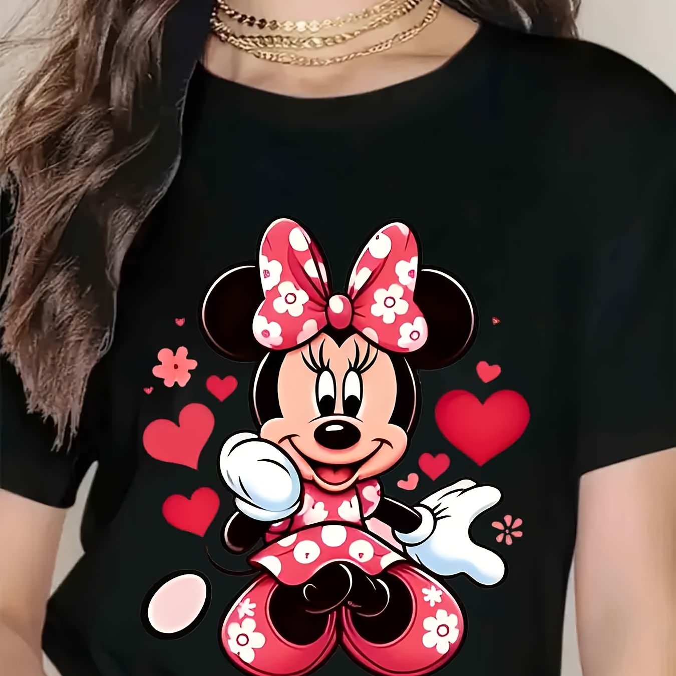 TEMU Women's Mouse Cartoon Graphic T-shirt, Cute Black Crew Neck Short Sleeve Top With Vibrant Red Polka , Fun Casual Tee For Birthdays Or Festivals,