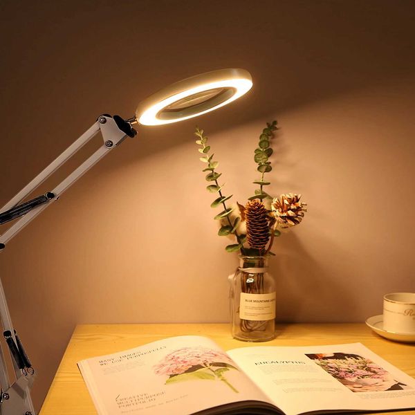 ible Clamp-on Table Lamp with 8x Magnifier Swing Arm Dimmable LEDs Desk Light 3 Color Modes for Reading Working Studying Z250110