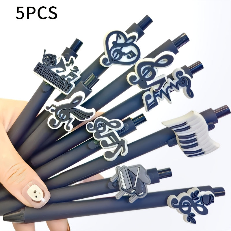 TEMU 5pcs Music Note Series Retractable Ballpoint Pens, Medium Point, Plastic With Random Music-themed Pvc Soft Rubber Decals