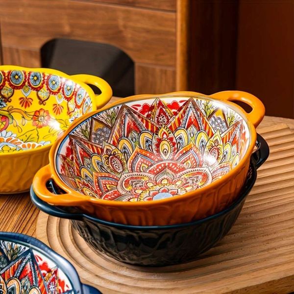 1pc, Bohemian Ceramic Double-ear Handle High-beauty Exotic Instant Noodles Underglaze Color Relief Soup Bowl, for Home Restaurant Hotel, Kit