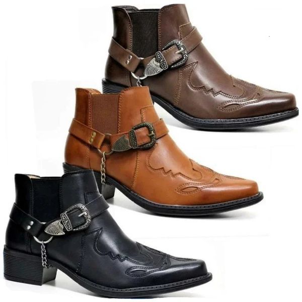 Fashion Mens Vintage Cowboy Boots Leather High Top Chain Buckle Strap Punk Shoes Pointed Toe Biker Boots Men 240718