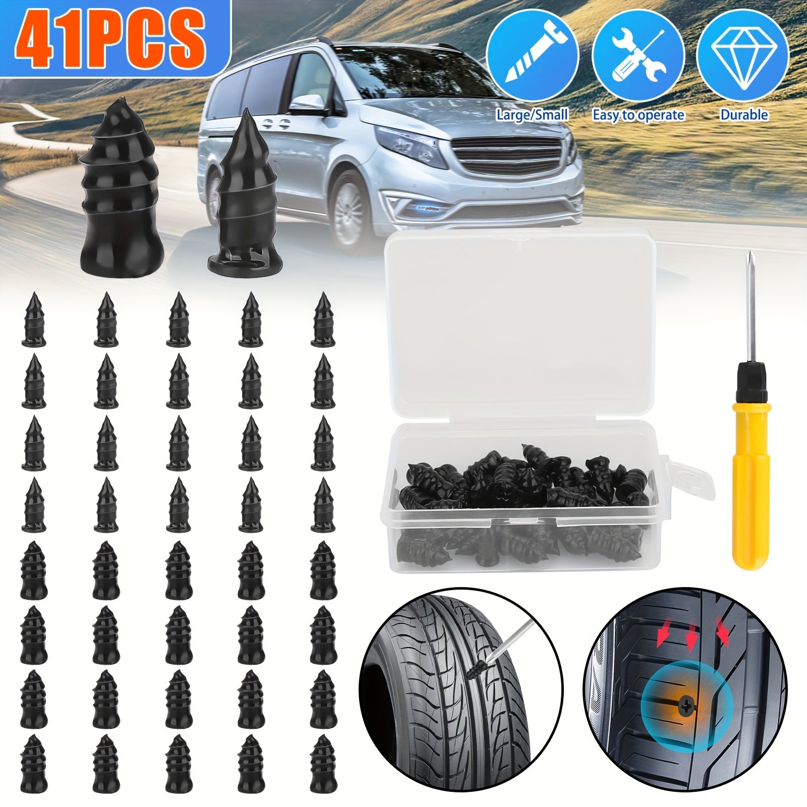 TEMU 41pcs Tire Repair Rubber Nail, Vacuum Tire Repair Rubber Screws, Tire Plug Kit With Screwdriver, For Car Motorcycle Atv