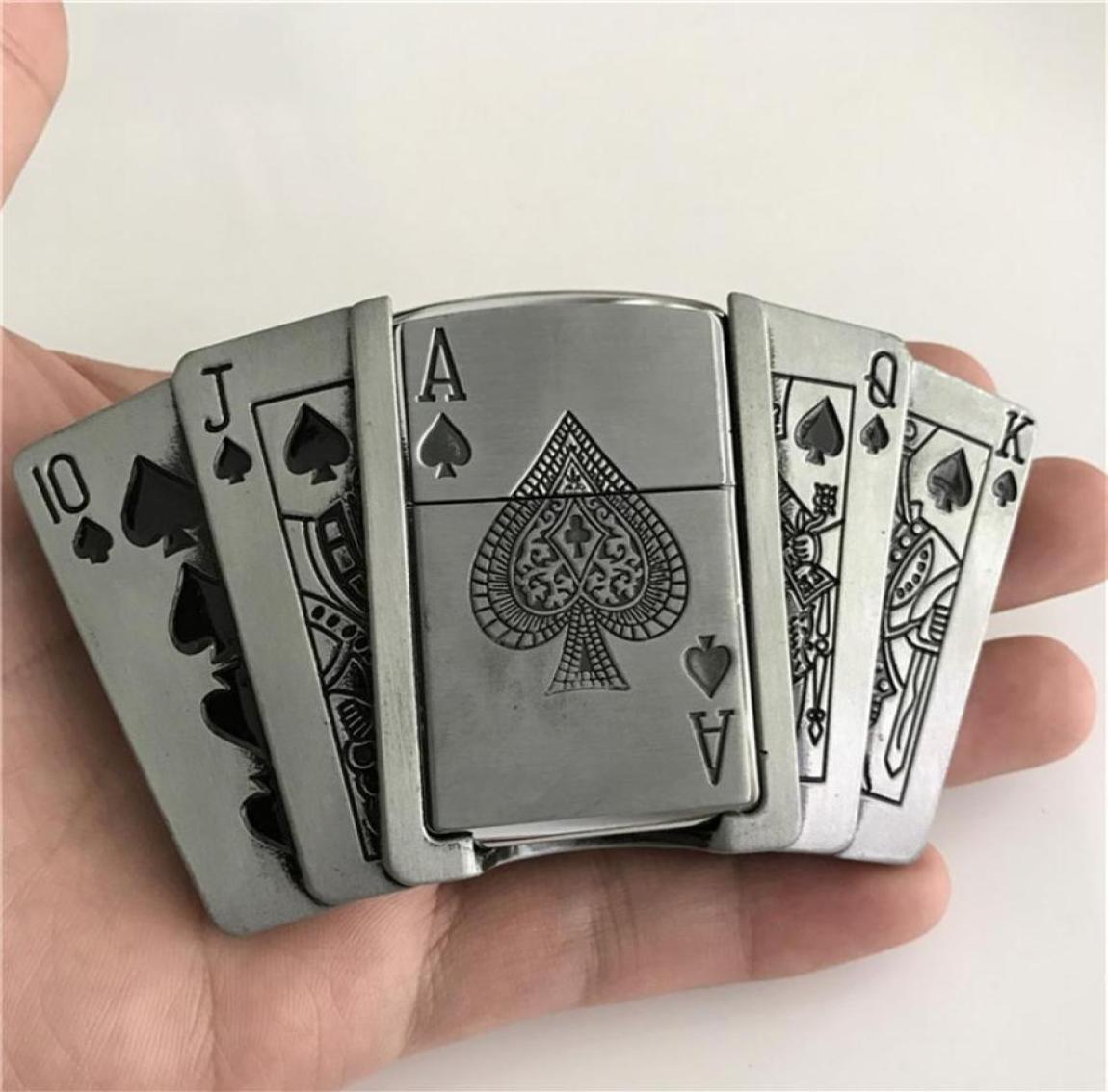 Retail New Spades 10JQKA Playing Cards Kerosene Lighter Cowboys Belt Buckle With Metal Men Belt Accessories Fit 4cm Wide Belt174I76404474