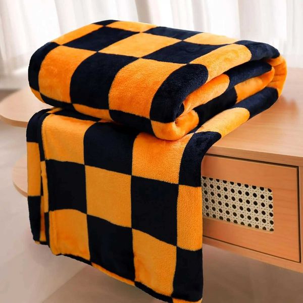 1PC Throw Checkerboard Black and Orange Flannel Blanket for Couch Bed Sofa Cozy Comfy Warm Halloween Decor for All SeasonXJ241111