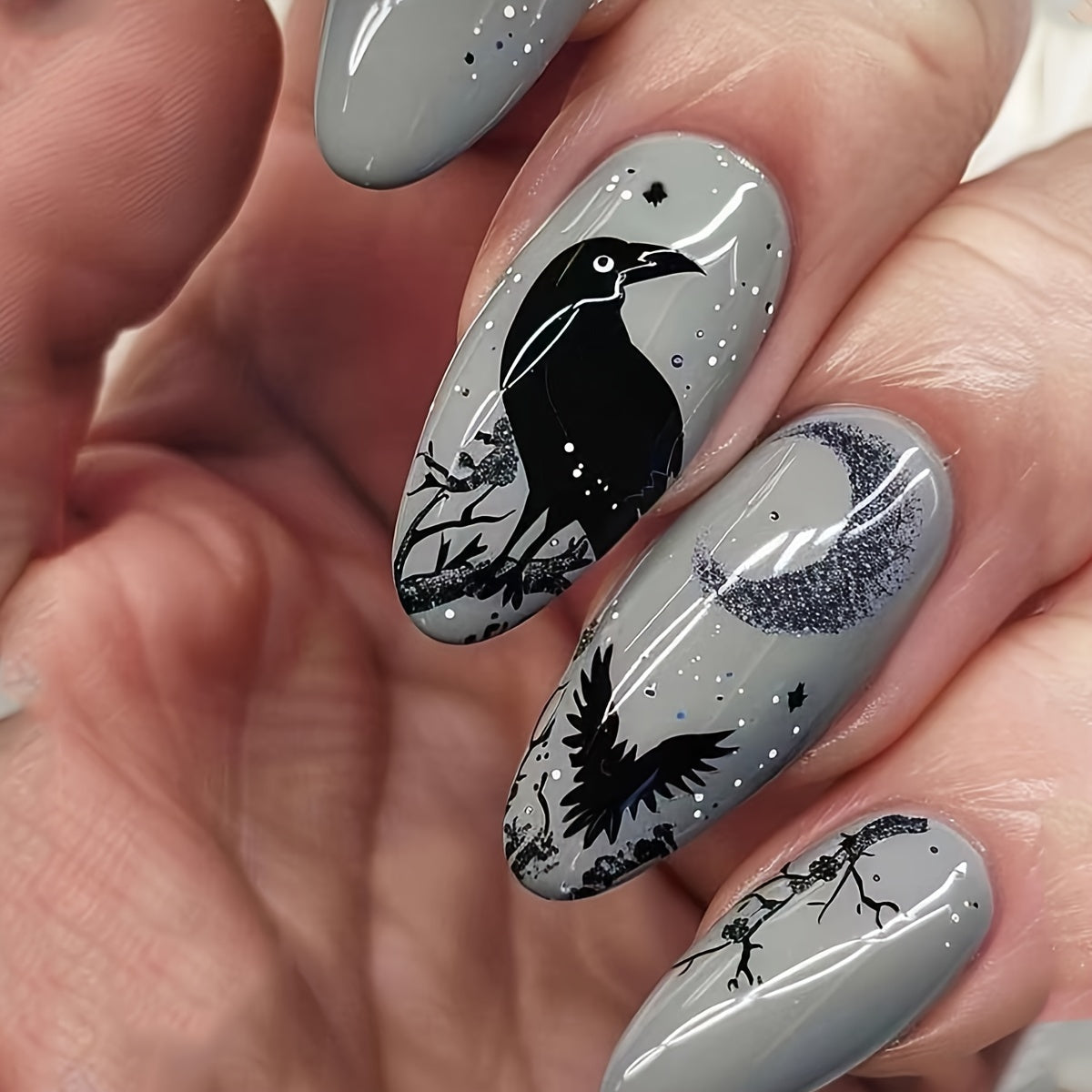 TEMU Black Silhouette Animal Pattern Almond-shaped Press-on Nails, Middle Length, Glossy Finish, Removable 24 Piece Nail Set