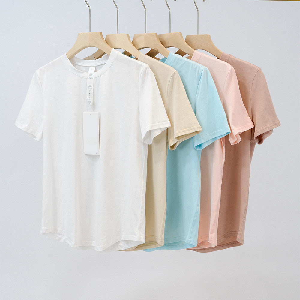 Womens Yoga Love T-shirt Summer Top Womens Round Collar Short Sleeve Elastic Breathable Sports Fitness Solid Color 070