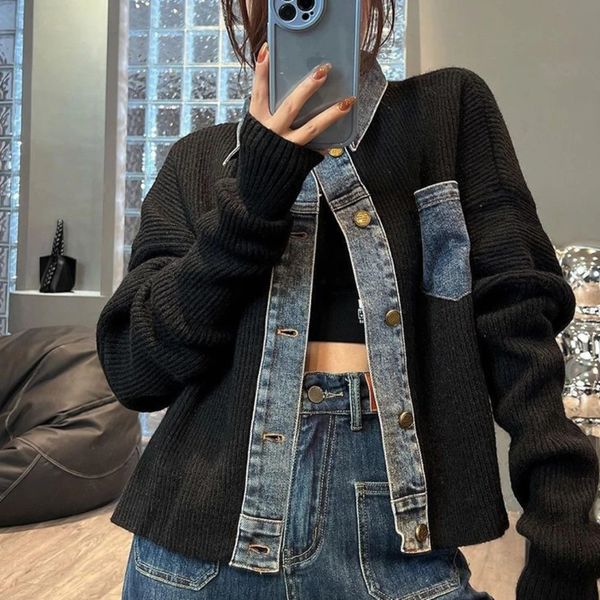 Knitted Woman Jean Coat Short Grey Denim Jacket for Women Small Patchwork Crop Black Outerwear Harajuku Y2k Fashion Korea Deals 240704