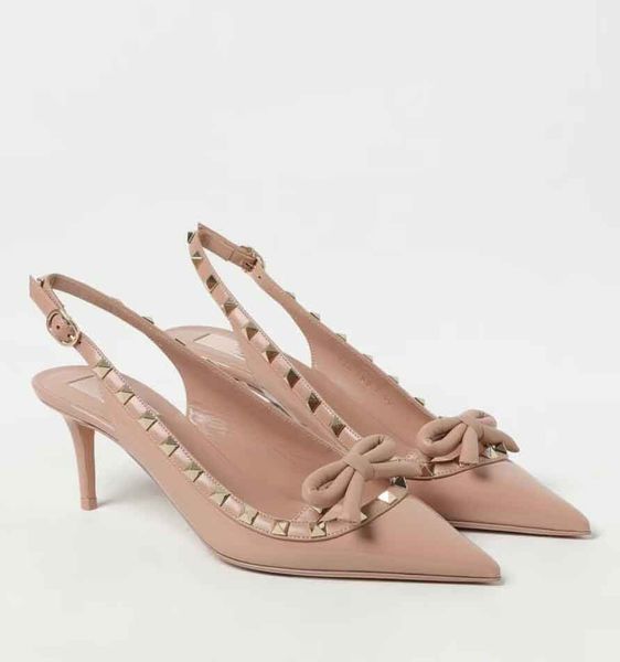 Elegant Studs Bow Slingback & Sandals Shoes Women Patent Leather Pointed Toe Pumps Lady Bridal Wedding High Heels Lady Walking EU35-43