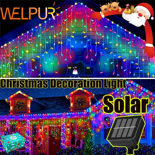 Christmas Decorative Light Solar Ice Curtain 8Mode Outdoor Waterproof Garden Party Year Decoration 240926