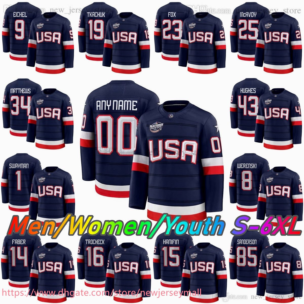 Custom S-6XL 2025 4 Nations Face-Off American Hockey Jersey National 12 Matt Boldy 9 Jack Eichel 29 Brock Nelson 23 Adam Fox 19 Matthew Tkachuk Quin