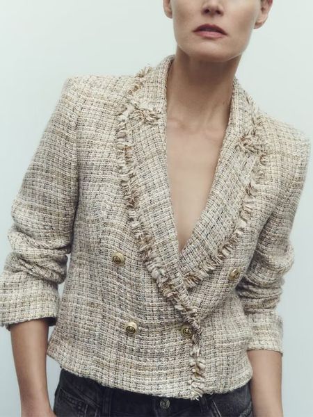 Womens Jackets TRAF Textured Blazers Coat For Women Autumn Long Sleeved Shoulder Pad Raw Edge Outerwear Tops Casual Fashion Blazers Female 2