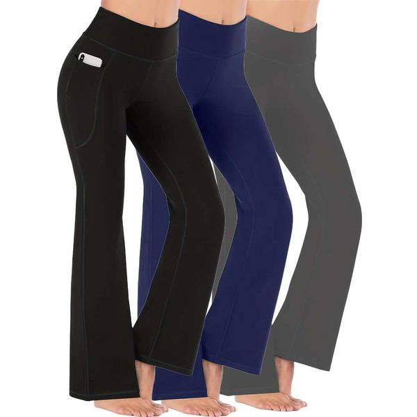 3pack Sports Leggings With Pockets, High Waist Workout Casual Tummy Control Flare Pants Bootcut Yoga Pants, Women&#039;s Activewear Llzg