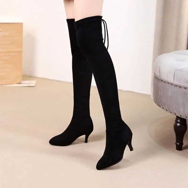 Womens Long Boots Elegant Heeled Elastic Above Over The Knee Black Thigh High Ladies Shaft Shoes Heels Quality Hot New Rock InC241103