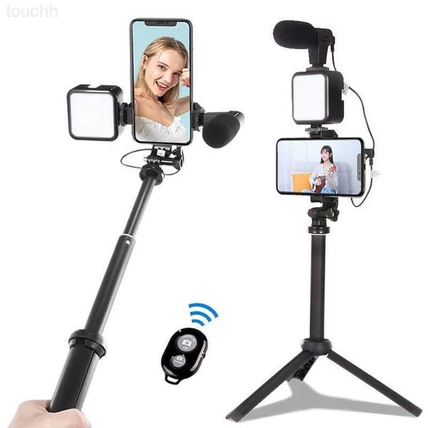 Selfie Monopods LED Fill Light Microphone Portable Tripod Live Video Phone Holder Photography Selfie Stick Recording Handle Stabilizer Bluet