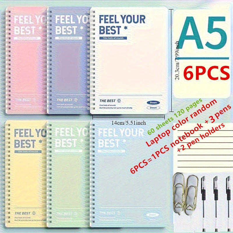 TEMU 6pcs Set Includes (1 Spiral Notebook + 3 Pens + 2 Pen Clips), Simple Pastel A5-b5 Spiral Notebook Hard Cover With Tear-off Pages And Lined-ruled