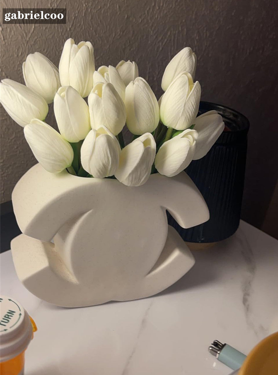 Luxury ceramic vase designer classic logo shape white vase INS style floral vase cream style Nordic Dining table decoration vase home entrance ornam