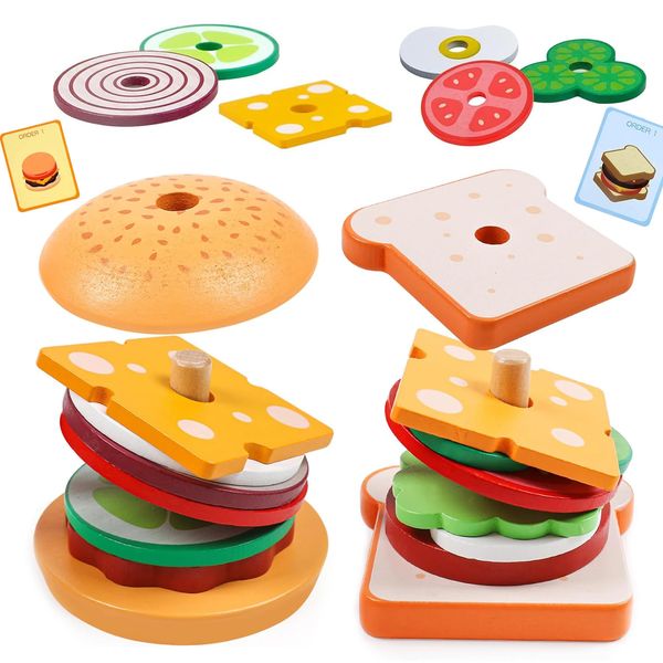 Wooden Burger Sand Stacking Toys For Toddler Kids Preschool Learning Educational Toys Pretend Play Food Kitchen Toys Gift 241217