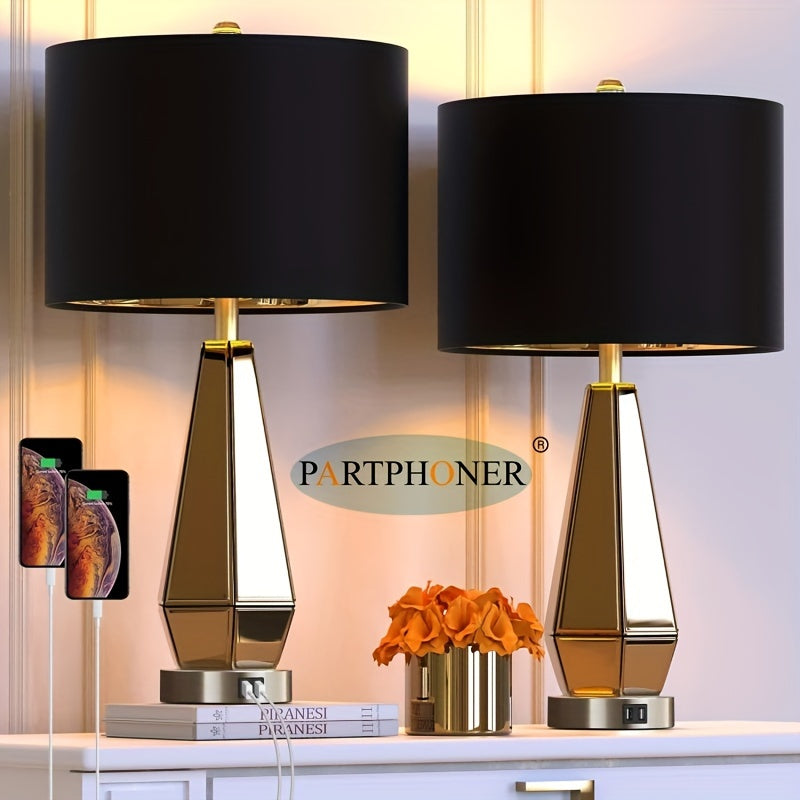 TEMU Set Of 2 Mirrored Glass Bedside Table Lamps With 2 Usb Ports For Bedrooms Modern Amber Side Nightstand Lamps With Fabric Shade Geometric