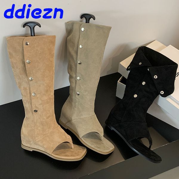 Fashion Button Ladies Sandals Female Height Increasing 2024 Footwear Women Knee High Western Boots Flip ps Shoes