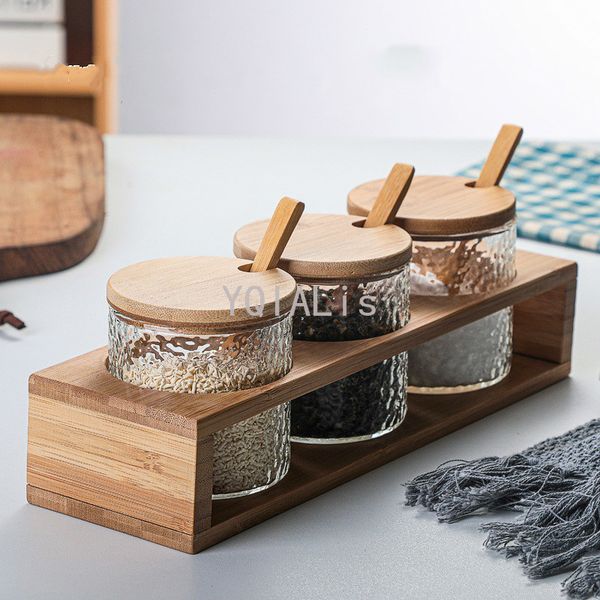 Storage Bottles Jars 280Ml Japan-Style Hammered Glass Storage Jar Set Straight Bamboo Shelf Seasoning Box Kitchen Salt Sugar Seasoning Bottl